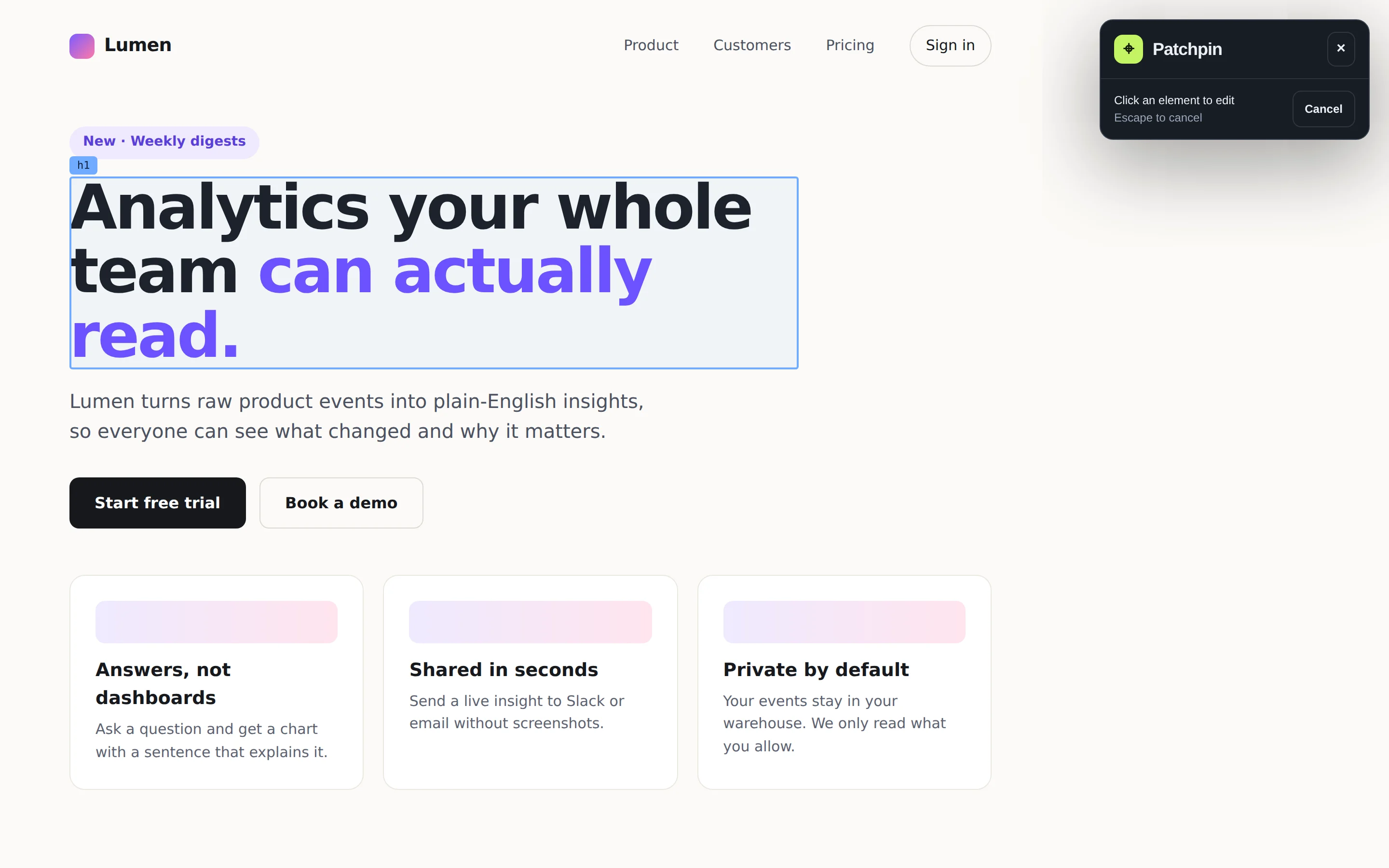 Patchpin in select mode, outlining the page headline
