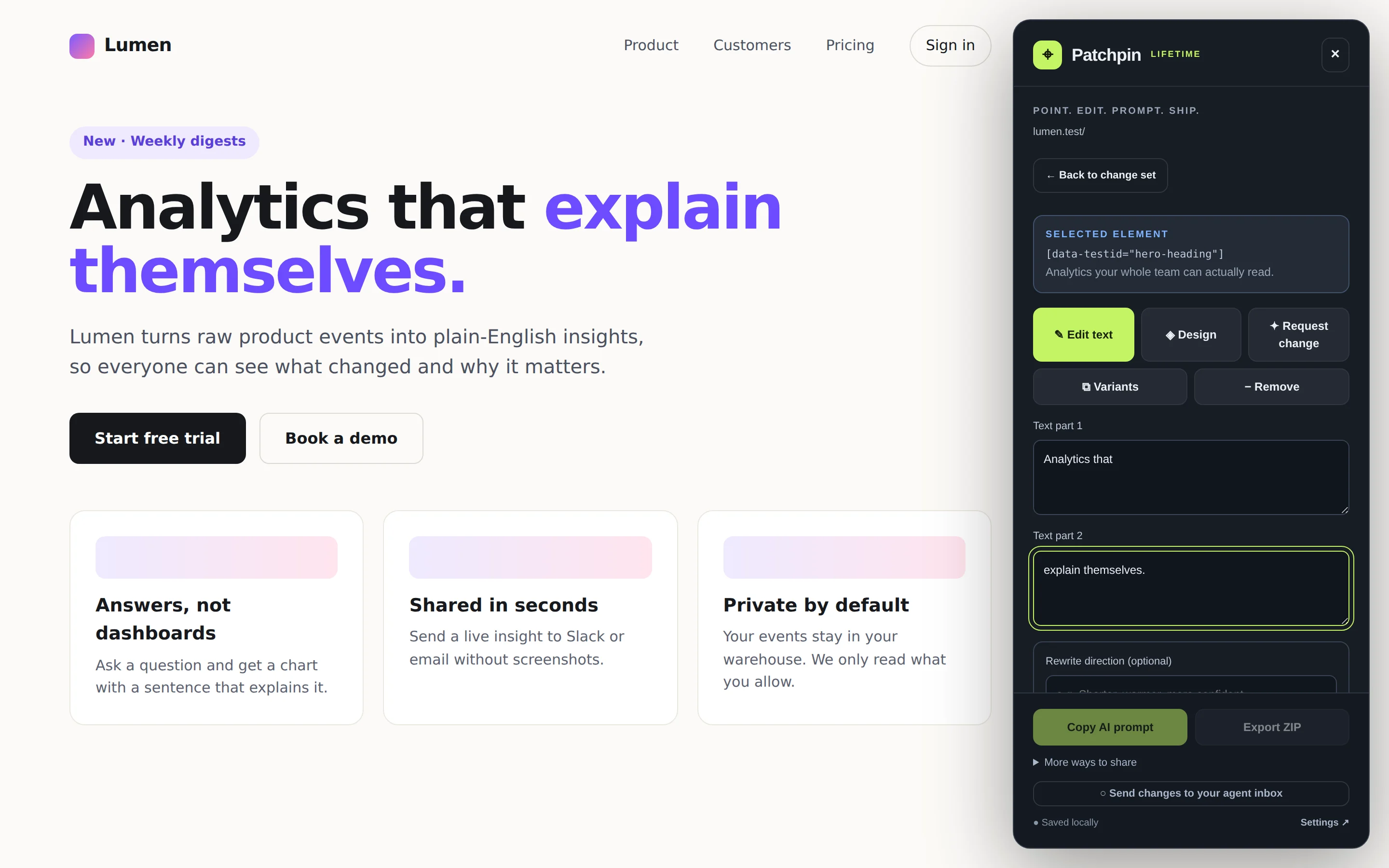 Editing the headline text live, with its purple highlighted span preserved