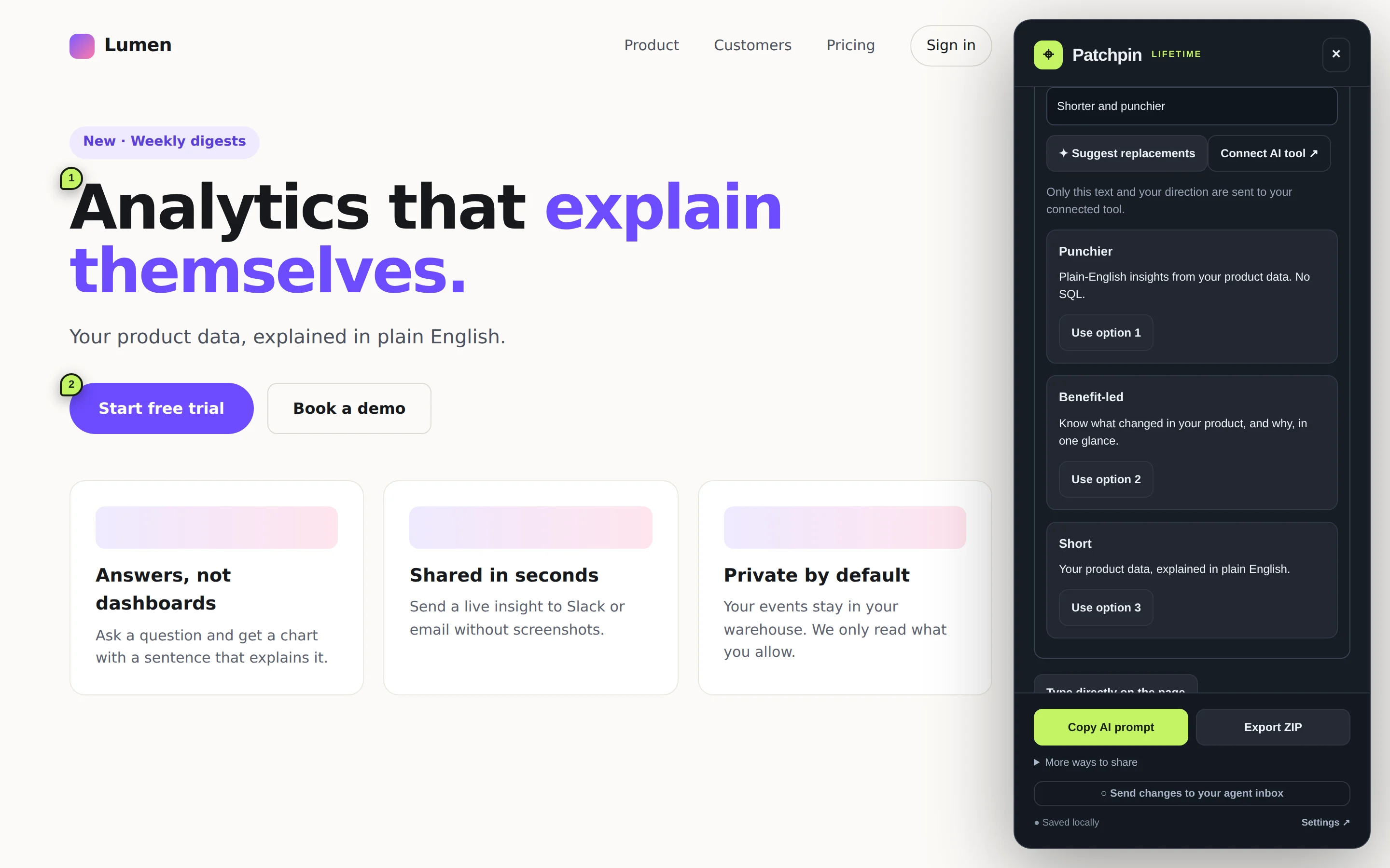 Three AI rewrite suggestions from a locally connected Claude Code